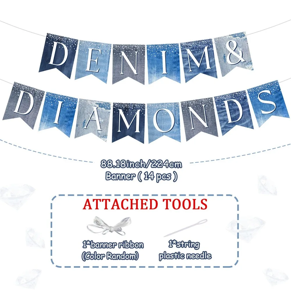 Fangleland Denim and Diamonds Party Decor, Denim and Diamonds Party Banner for Birthday Party, Women Men Birthday Party Supplies