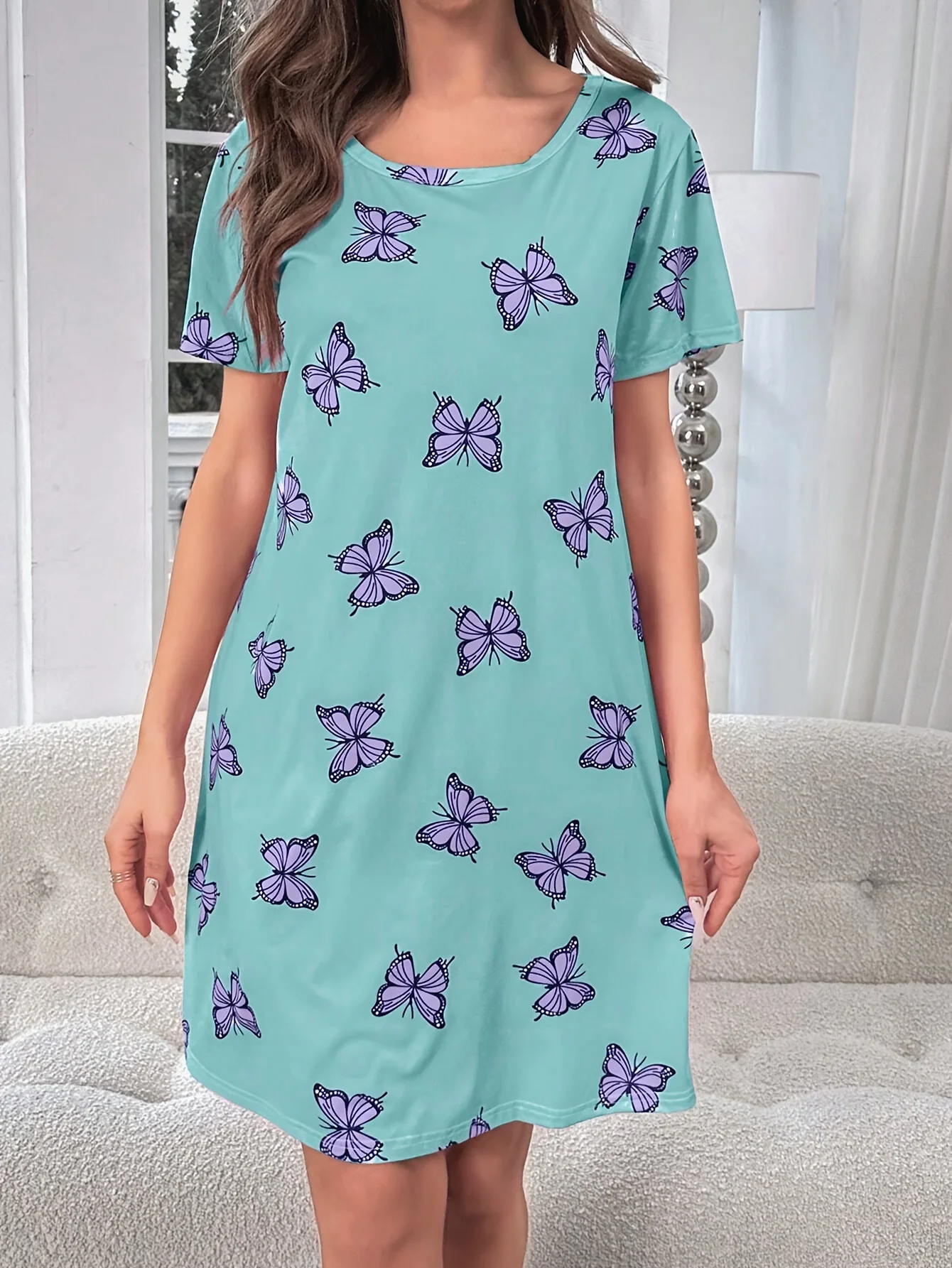 Butterfly Printed Round Neck Dress Spring Summer Casual Short Sleeve Dresses Women\'s Women\'s Home Comfortable Breathable Pajamas