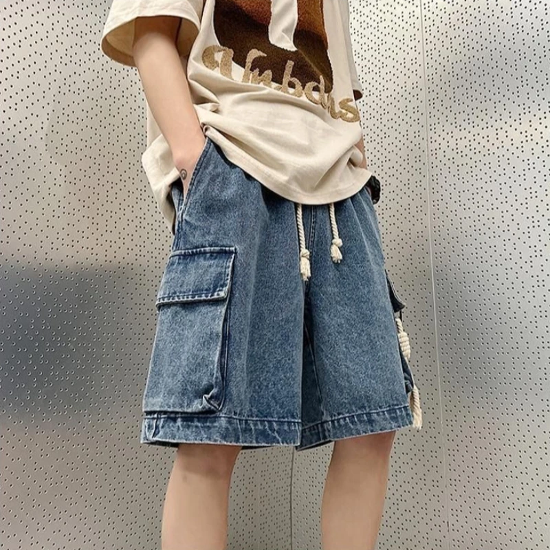 

Vintage Workwear Denim Shorts for Men Summer Lightweight Big Size Loose Cargo Pocket Casual Mid-Length