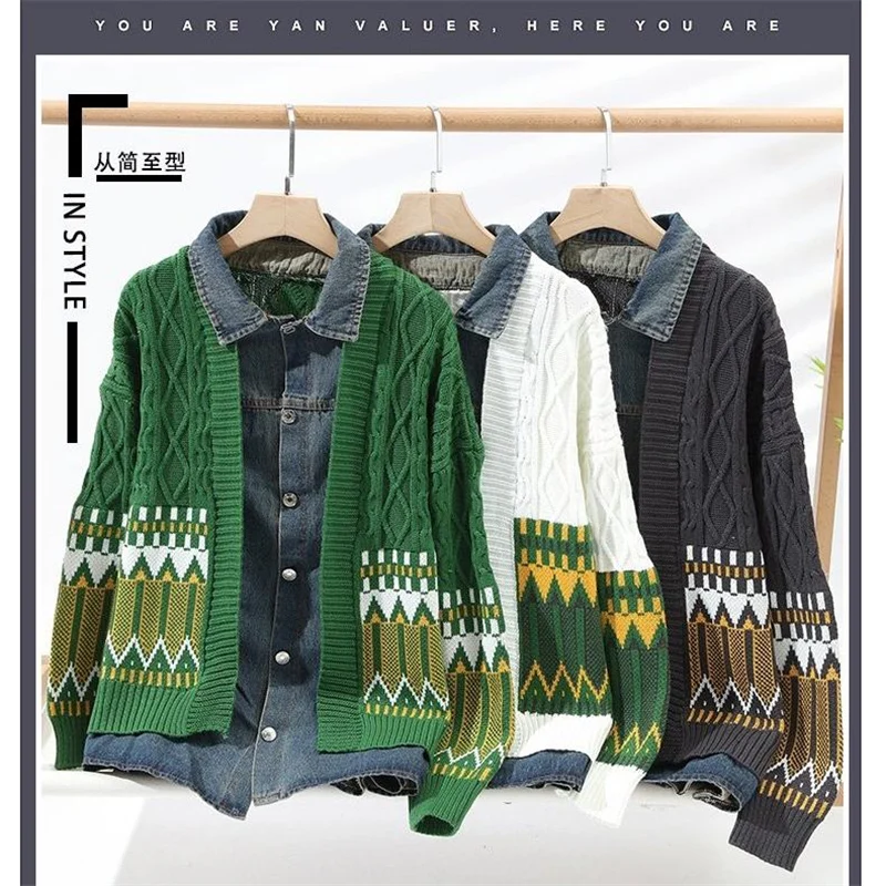

Designer Denim Knitted Men Sweater Cardigan Loose Fit All Match Winter Quality Soft Comfortable Elastic Trendy Sueters De Hombre