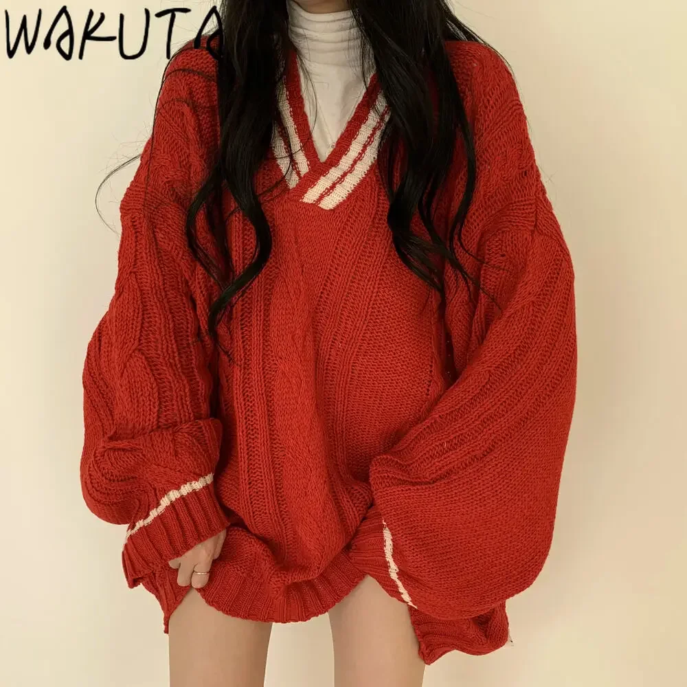 WAKUTA Korean 2024 Women Sweater Oversized V Neck Puff Long Sleeve Pullovers Autumn Winter Vintage Thicken Knitted Tops Elegant