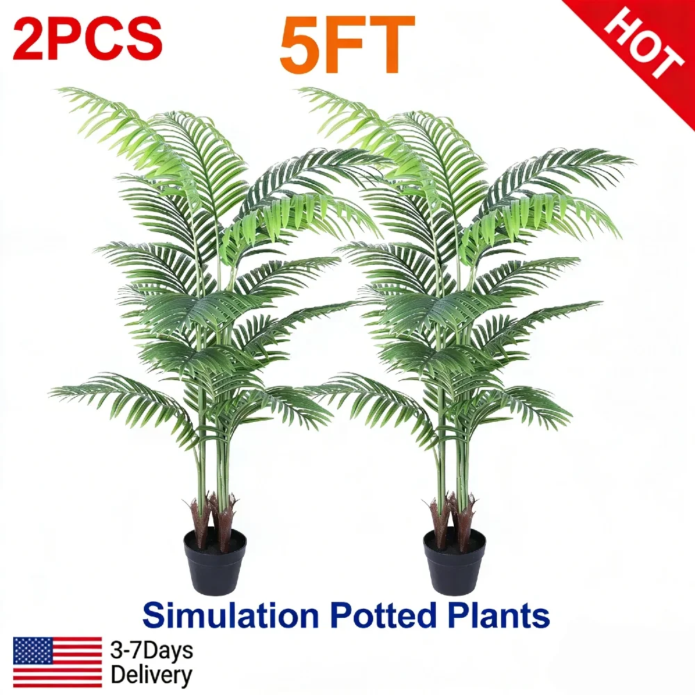 

2PCS 5FT Artificial Areca Palm Tree Faux Tropical Dypsis Lutescens Potted Plant Adjustable Leaves Pet-Friendly for Indoor Outdoo