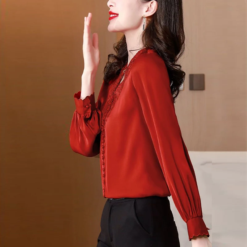 Spring Autumn Simple Vintage Embroidery Solid Color Office Lady Shirt Long Sleeve All-match Elegant Hollow Out Chic Blouse Women