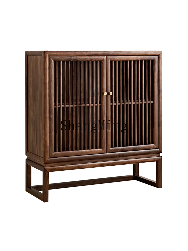 

HJ new Chinese black walnut dining side cabinet solid wood Zen storage porch two door side cabinet