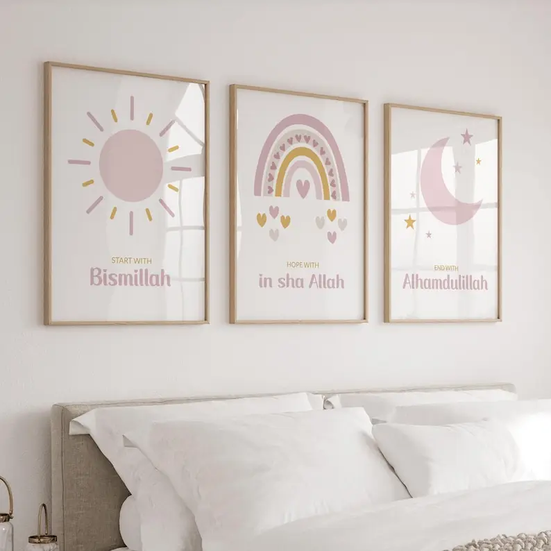 1/3pcs Bohemian Islamic Scripture Canvas Poster Muslim Rainbow Sun Moon Nursery Wall Art Prints for Children's Room Home Decor