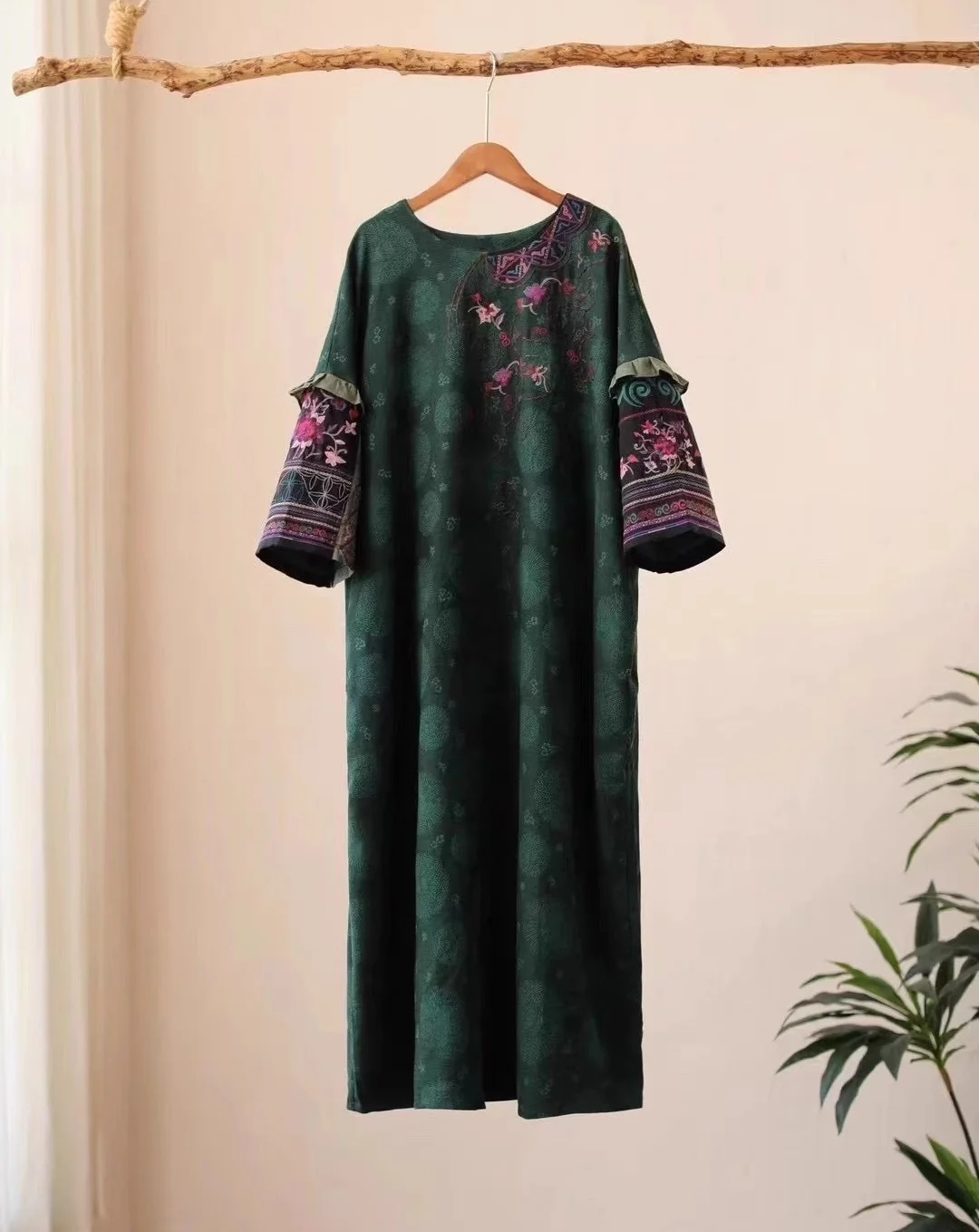 Abito da donna Vintage stile nazionale 100% cotone jacquard verde abito lungo ricamato abito allentato abito donna musulmana