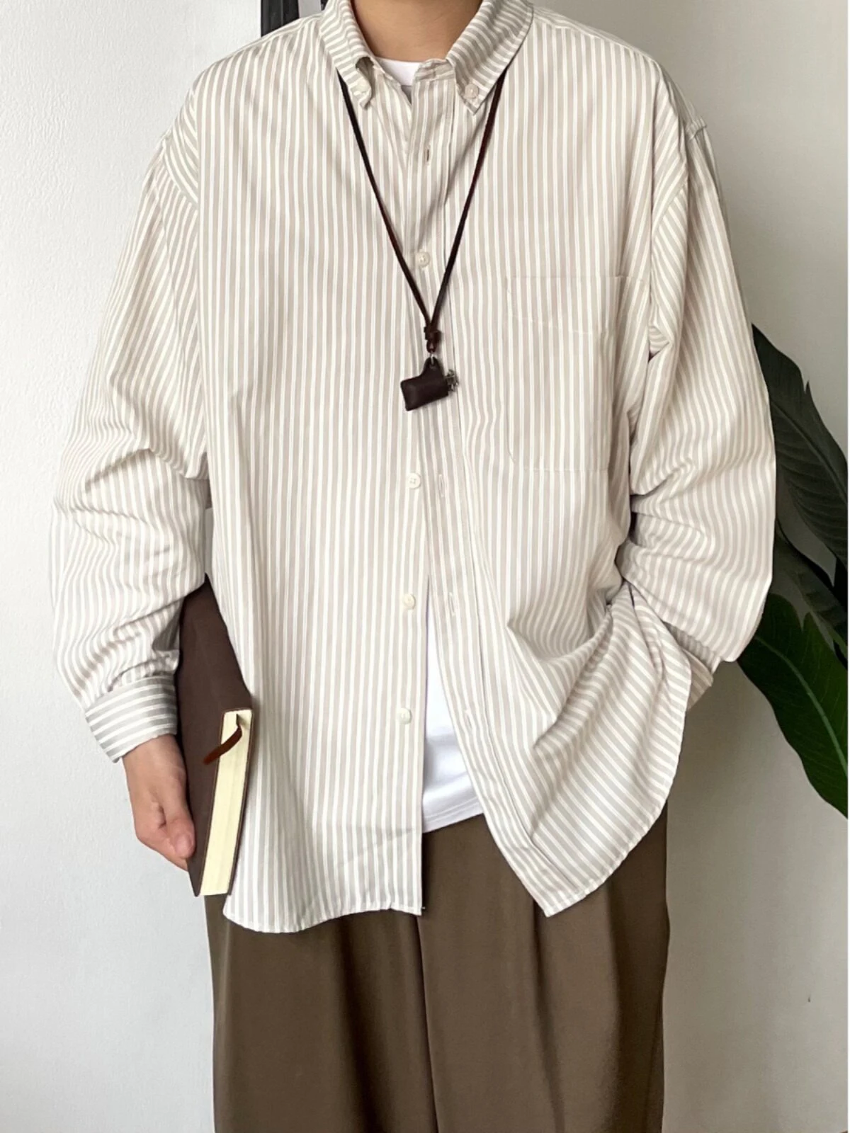 

Loose Casual Long Sve irt Men's Vintage Vertical Stripes Spring Autumn Polyester Fiber Versatile Drapey Loose Sle