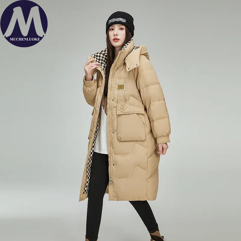 Damska kurtka zimowa 2025 elegancka z długim rękawem, kapturem, gruba, ocieplana bawełną, moda koreańska, luźna, ciepła parka