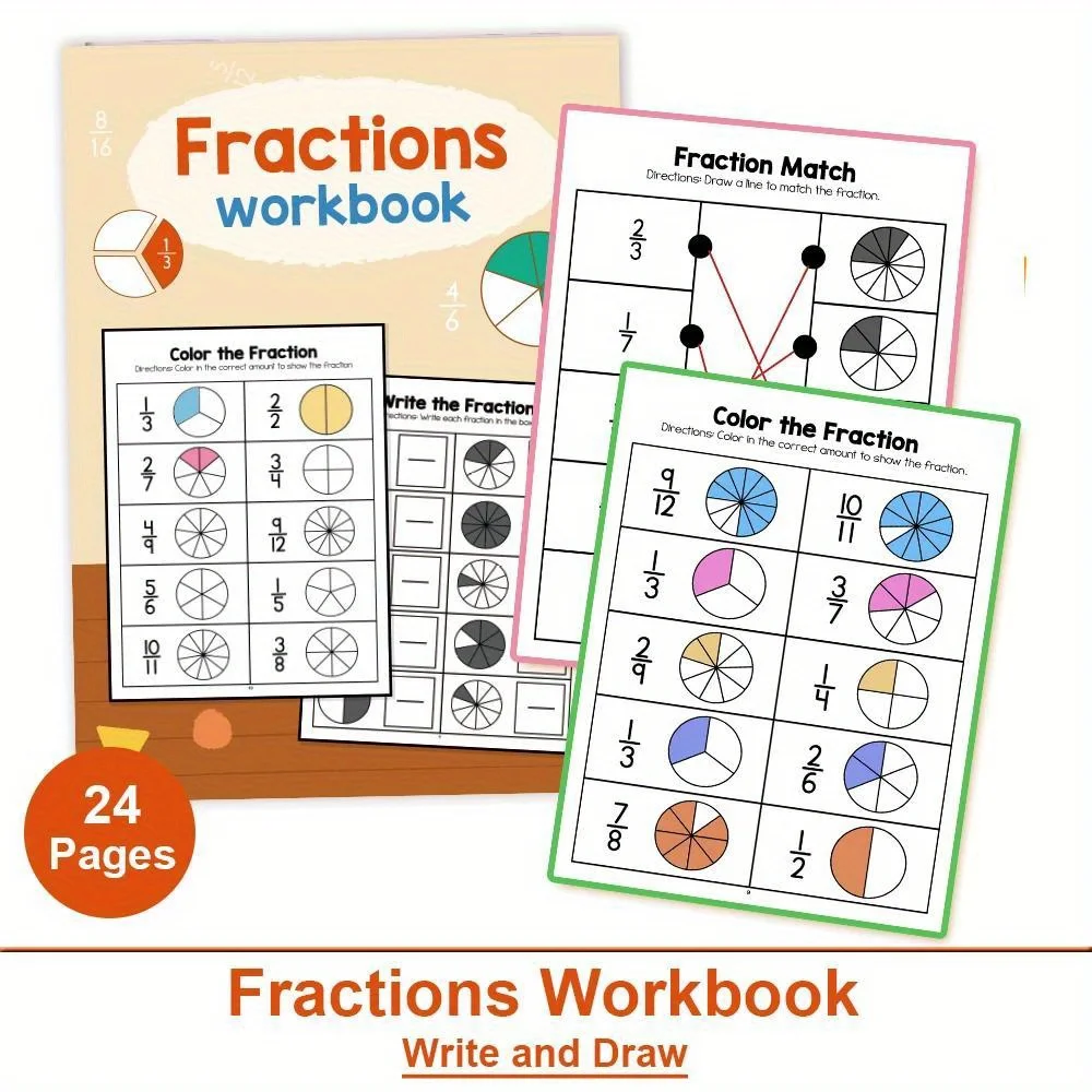 Training Exercise Sheets Math Fraction Workbook Fraction Practice Book Cognitive for Writing & Drawing Fractions for Ages 8-12