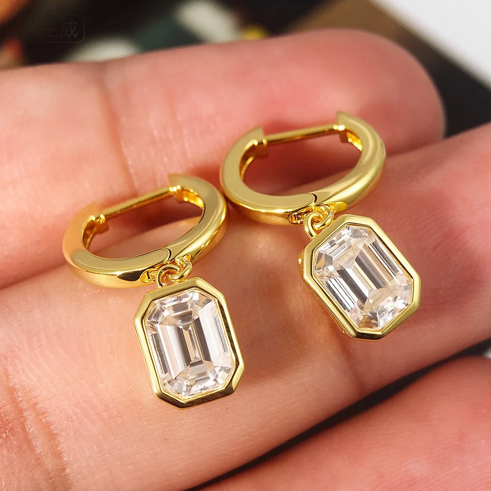 

1-2CT Emerald Cut Moissanite Drop Earrings for Women 925 Sterling Silver Bezel Baguette Diamond Earring 18K Gold Plated Jewelry