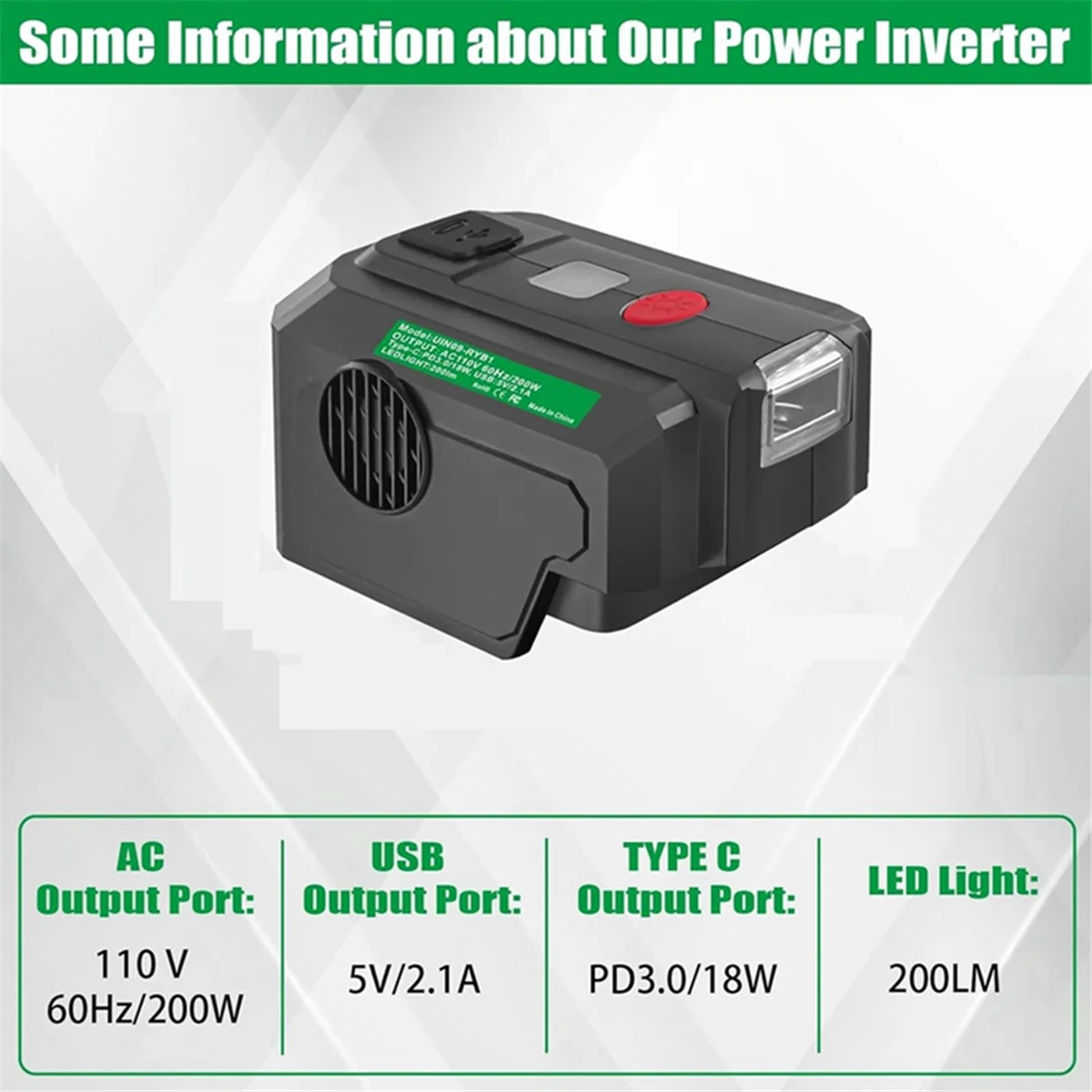 Power Inverter for 40V Battery 200W DC 18V to AC 110V with USB Portand Type-C PD3.0 Output LED Lighting US Plug