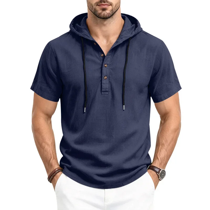 Linen hooded short-sleeved Henry, European size plus size men's summer casual t-shirt factory spot