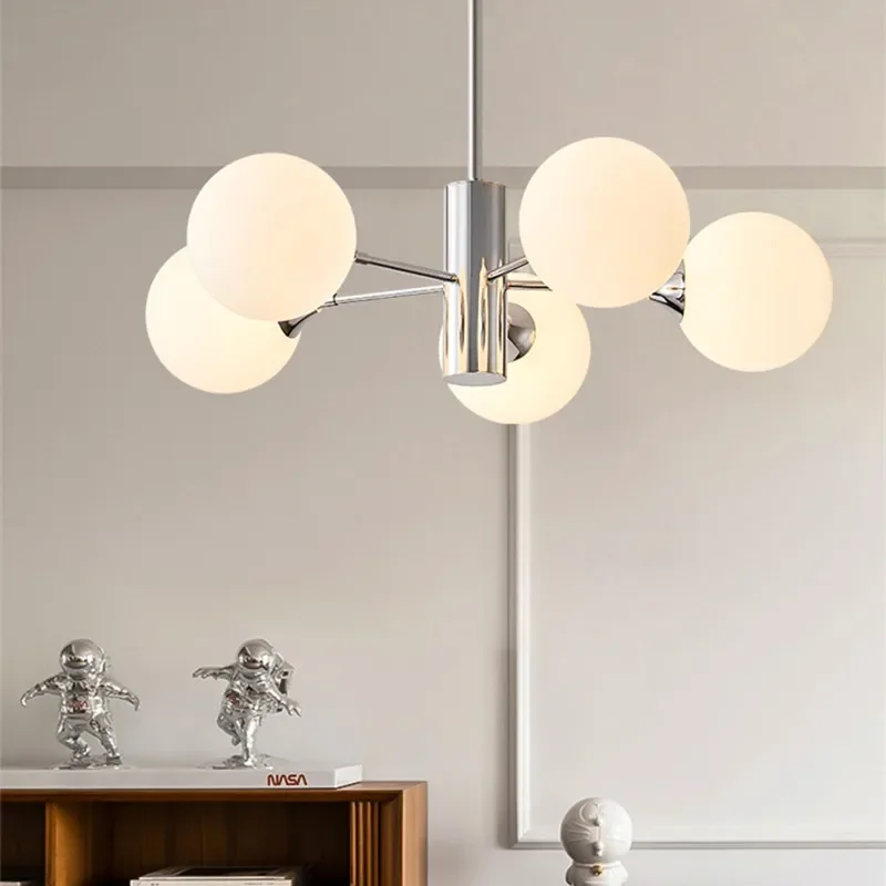 

2025 Bauhaus Chandelier Milky White Glass Lamp Shades LED Multihead Chrome Light For Bedroom Living Room Indoor Dining Hanging L
