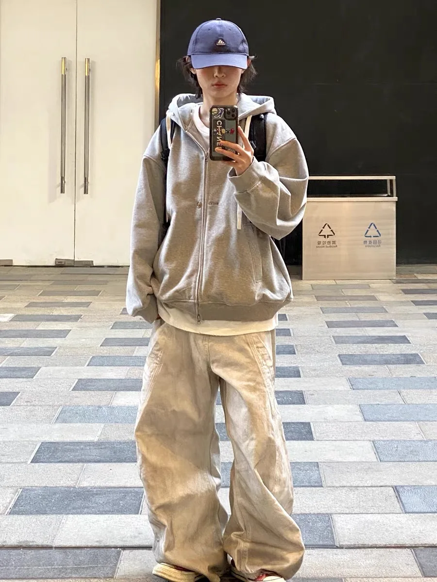 

Retro American Dirt Dyeing Wide Leg Jeans Men's Loose Fit Splicing Casual High Waist Straight Stitching Long Pants