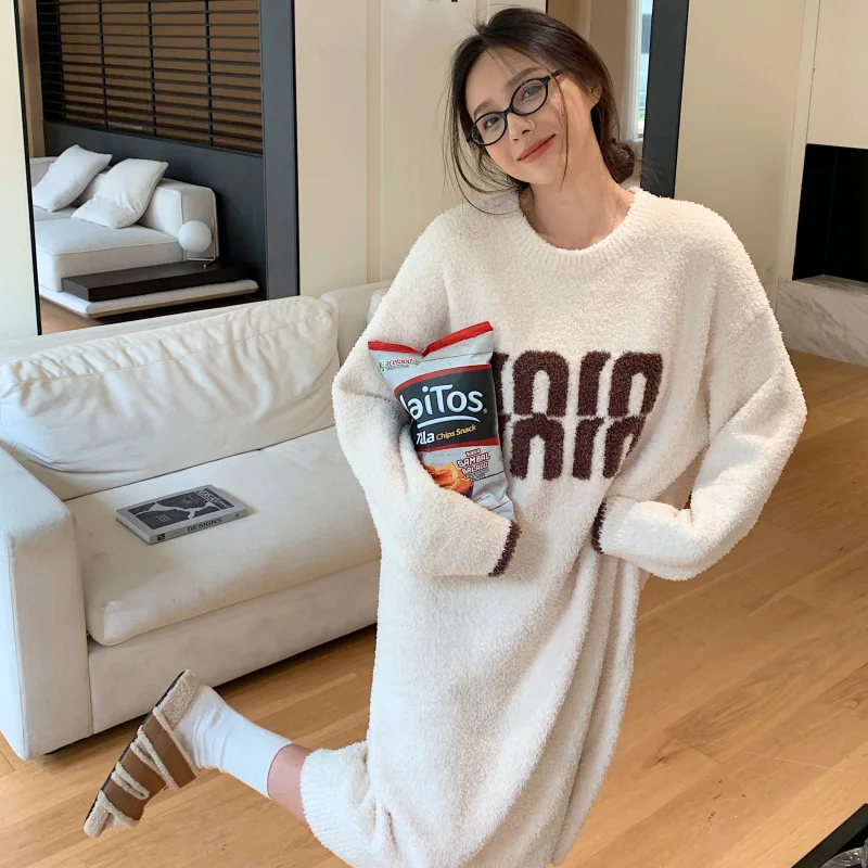 Autumn And Winter New Style With Thick Velvet Nightgown, Half Flannel Loose Fitting Pullover, Warm Sleepwear, Female Pajamas