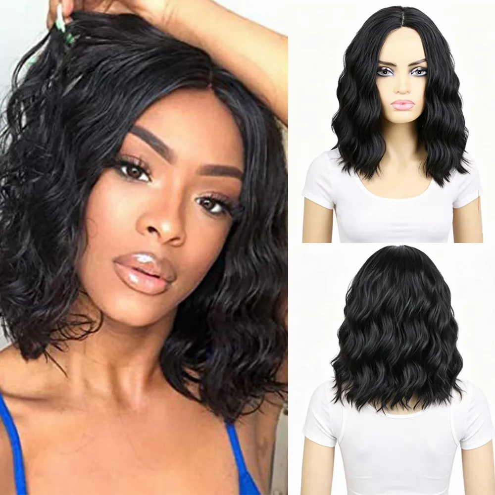 Black Short Bob Wave Wig Synthetic Hair Middle Part Natural Wave Small Lace/No Lace Heat Resistant Fiber
