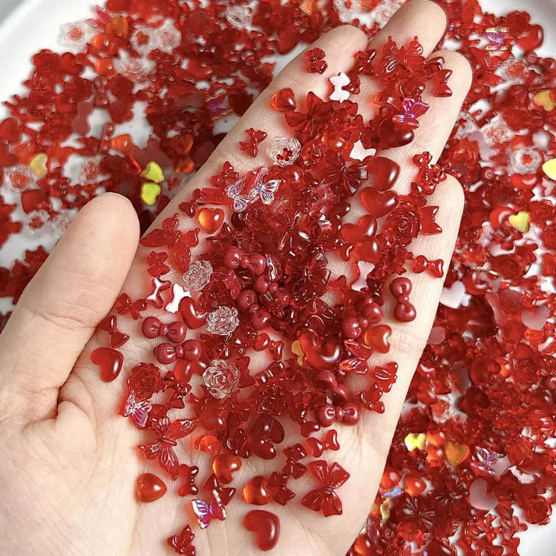 Solid Color Bows Heart Mixed Nail Art Charms 3D Jelly Red Series Butterfly Camellia Nail Decorations for DIY Hairpin Nail Crafts