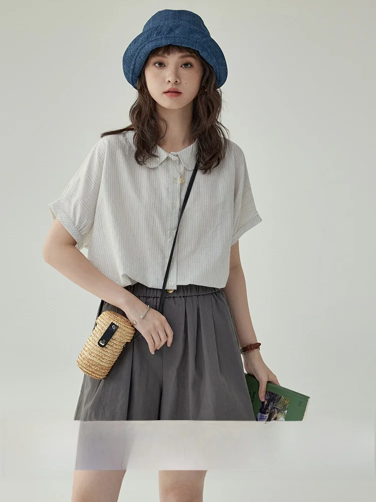 

AMUU North Island Casual Sle ort Sve Doll Collar Striped irt Women's Summer Pure Color Versatile Loose Fit Button up