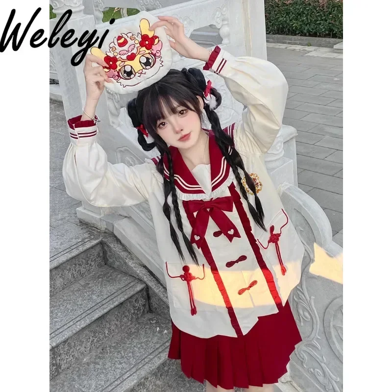 

New Year's Jirai Kei Sets Lolita Jk Outfit Women 2024 New Original Japanese Cute Double-layer Sailor Collar Top and Skirt Suit