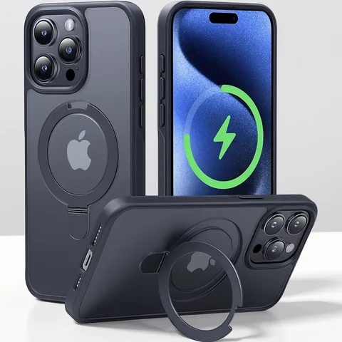 Metal Ring Stand Matte Magnetic Case for Magsafe IPhone Air 17 16 15 14 13 12 11 Pro Max Plus with Lens Protector Mac Safe Cover