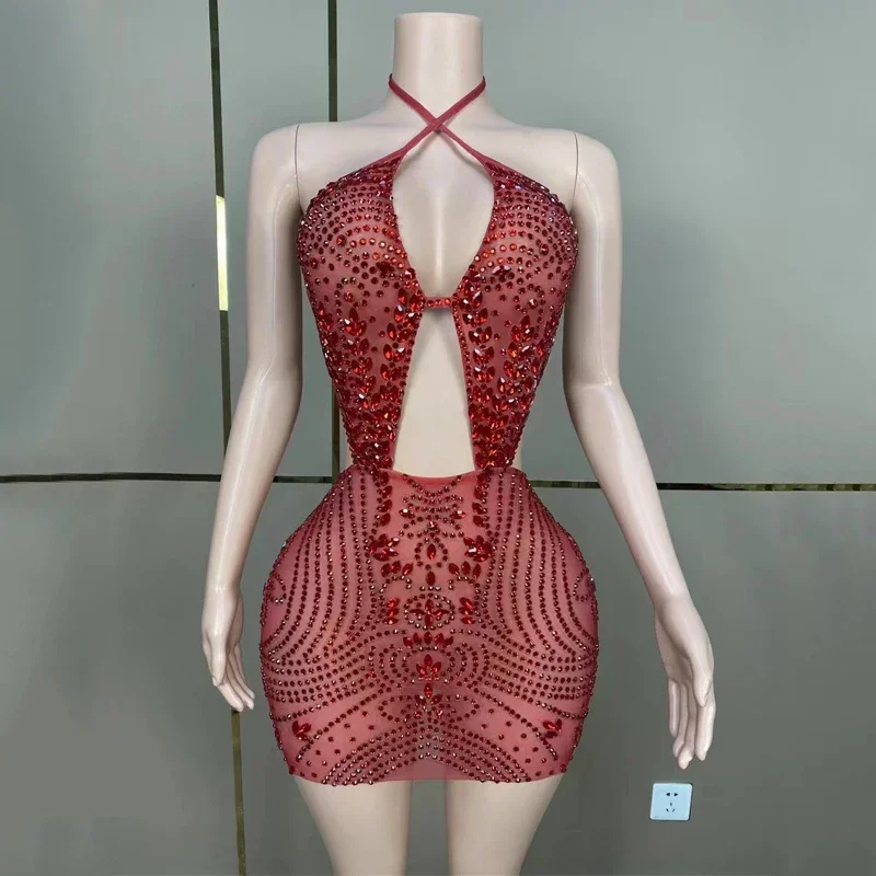 Full Shiny Rhinestones Cutout Mini Party Dresses Women Singer Celebrate Dress Costumes Festival Outfit Stage Performance Wear