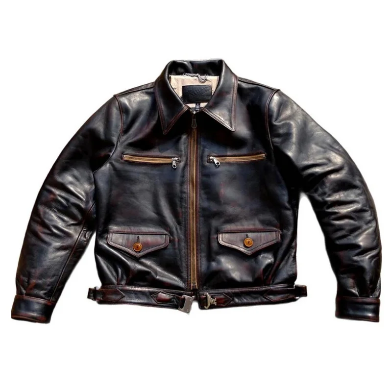 

Black Autumn Leather Jacket Men Retro Vintage Style Plus Size 5XL Genuine Natural Horsehide Turn-Down Collar Short Flight Coat