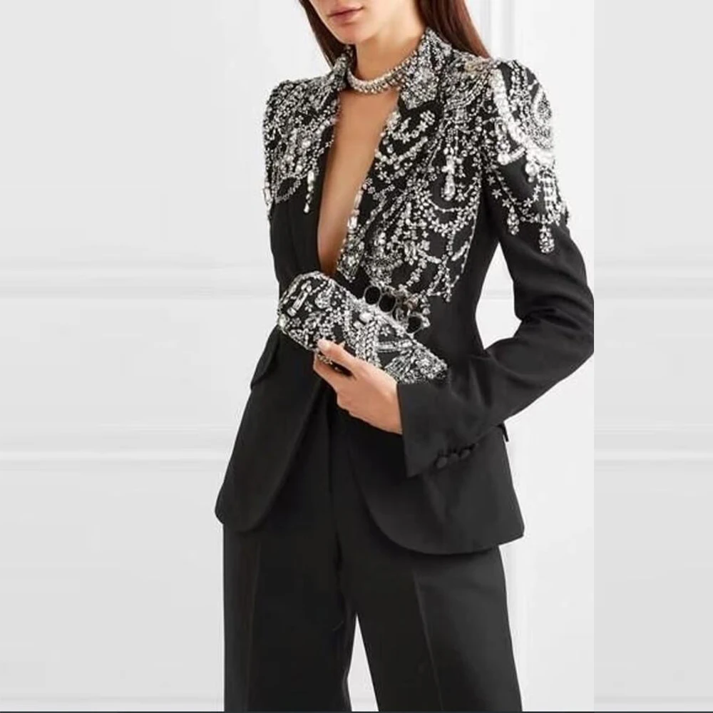 Blazer de algodón de un solo pecho para mujer, traje de 2 piezas, bléiser de una sola botonadura, adornado con piedras pesadas, hecho a medida, trajes negros de diseñador