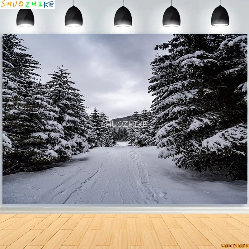 

Winter Forest Snowcovered Road Photography Backdrops Blurred Landscape Snowflakes Road Spruce Trees Photo Background XD-09
