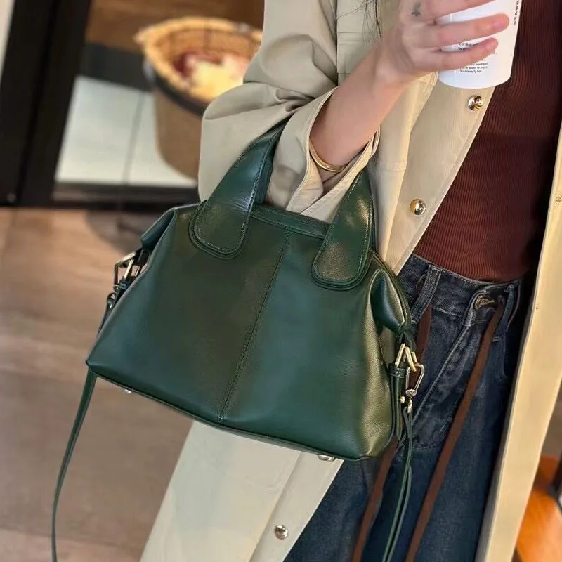 2024 inverno nuovo caffè verde tinta unita Tote grande morbida pelle di vacchetta borsa a tracolla donna 2 cinghie borsa retrò