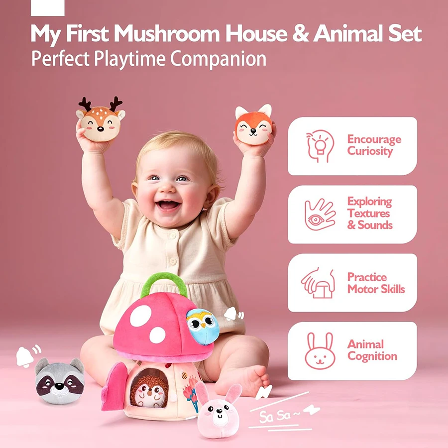 Brinquedos para bebês de 6 a 12 meses, brinquedos montessori para meninas de 6 meses, minha primeira casa de cogumelo com chocalho de animais da selva de pelúcia