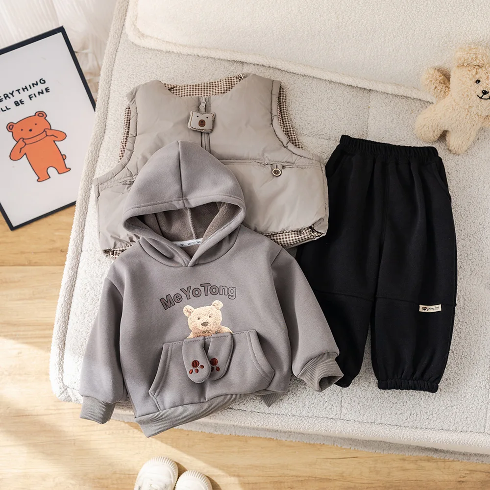 New Winter Boys Fleece Set - 3-Piece Warm Vest & Hoodie & Pants for Kids Girls Thickened Outfits Toddler Clothing  123