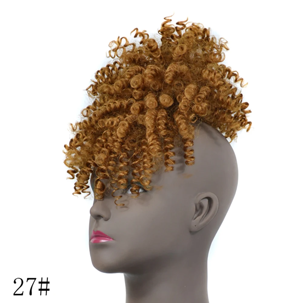 Afro Puff Updo Hair Drawstring Ponytail with Bangs Black Kinky Curly Hair Bun