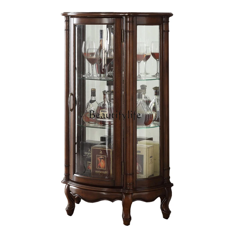 

European Style Single Door Solid Wood Living Room Glass Decorative Cabinet Wall-Mounted Wine Rack Semi-Circular Arc Shape