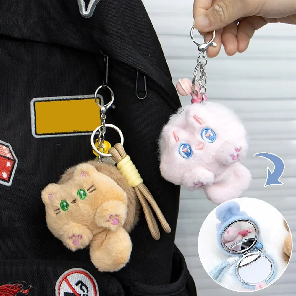 Espelho de maquiagem de pelúcia dos desenhos animados kawaii macio gato boneca pingente chaveiro portátil dobrável espelho menina mochila presente