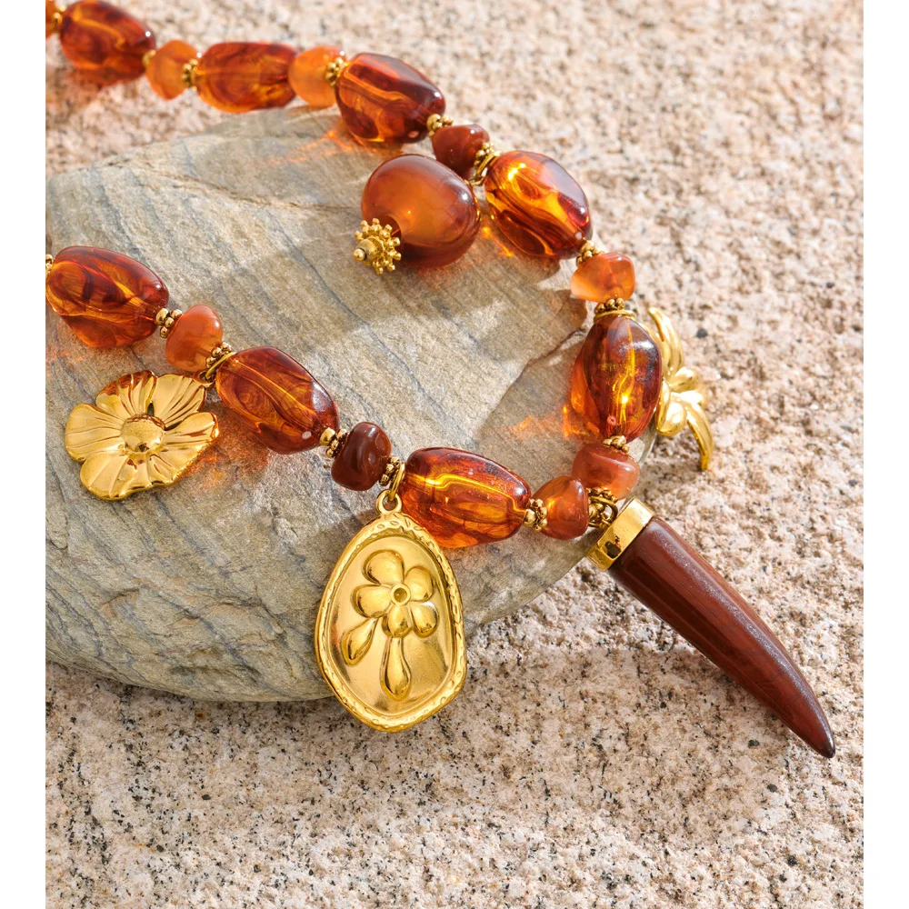 Yhpup Handmade Necklace Waterproof Amber Resin Beads Chain Horn Flower Statement Necklace Stainless Steel Jewelry Accessories