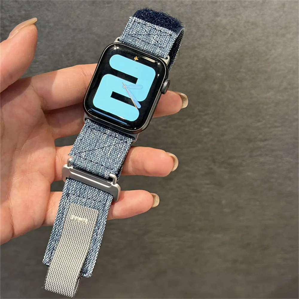 INS Designer Tie Dye Denim Jeans Band For Apple Watch 44mm 40 45 41 49 42 38 Loop Canvas Strap For Ultra Series 9 8 SE 7 6 5 4 3