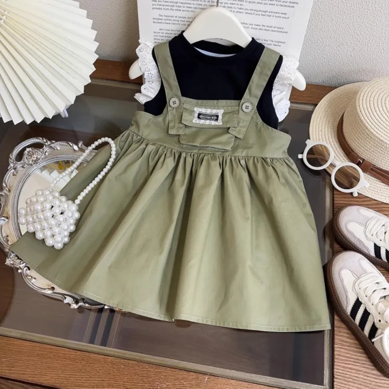 

TOY-Girls' Suit Summer2025New Fashionable Toddler Sleeveless Vest T-Shirt Strap Dress Summer Outfit Children's Two-Piece Set