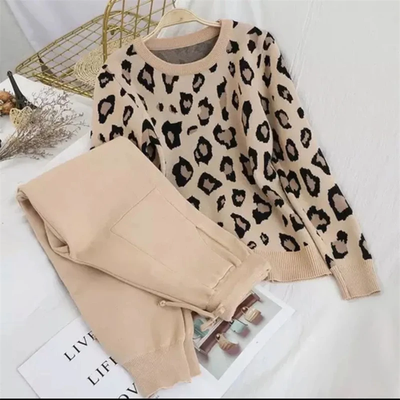 Leopard Knitted Pants 2 Piece Set Women Korean Fashion O-neck Pullover Conjunto Casual Spring Fall Jogger Pantalones Outfits