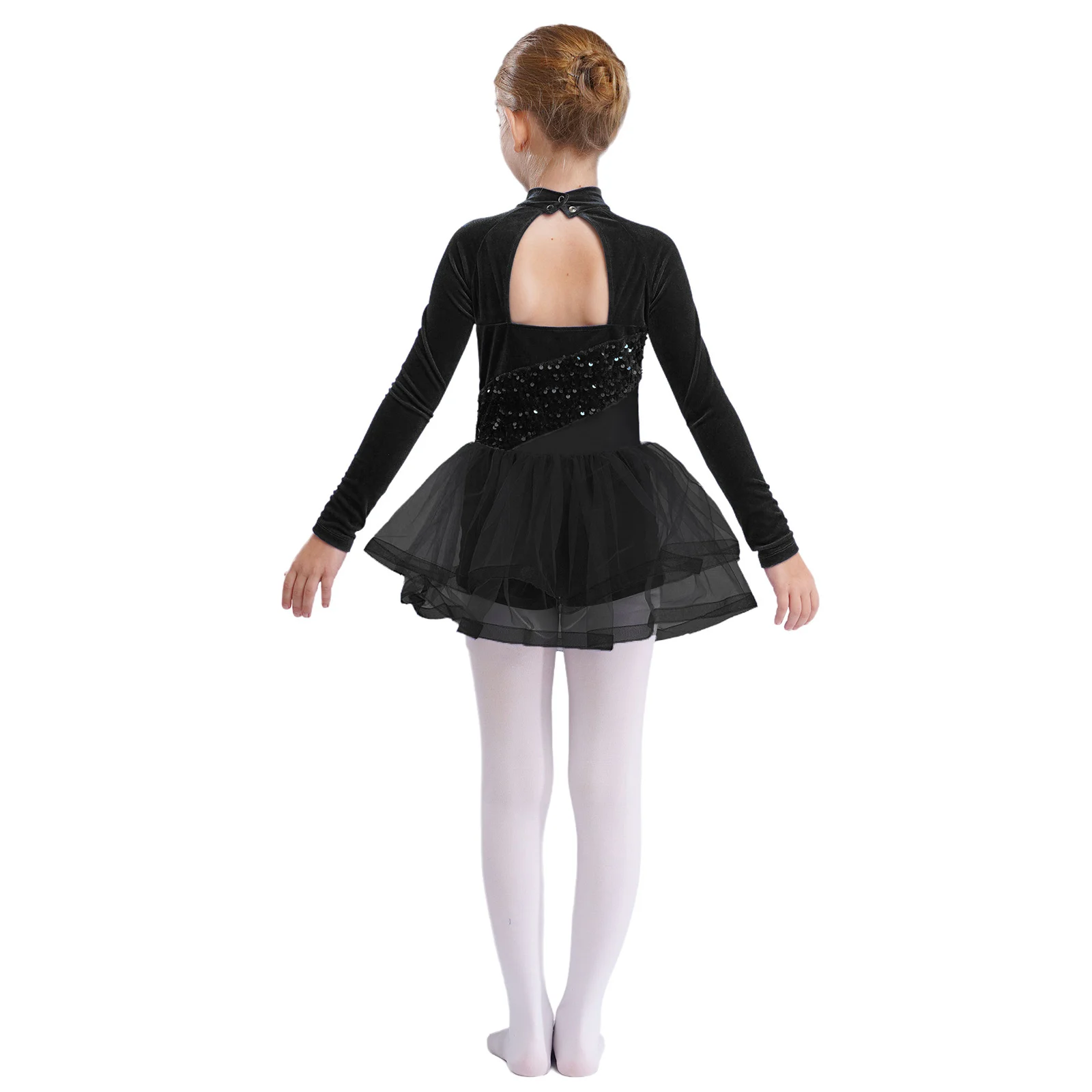 Kids Girls Ballet Tutu Lyrical Dance Figure Skating Gymnastics Dancewear Long Sleeve Shiny Sequin Velvet Mesh Leotard Dress