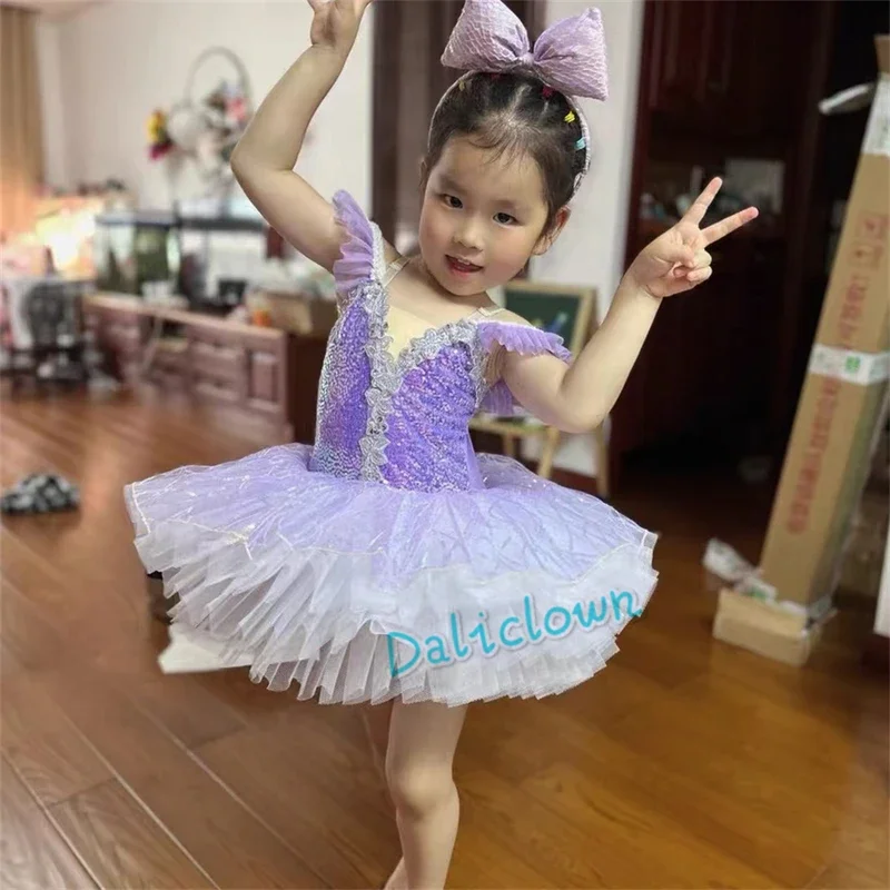 Ballerina Princess Party Costume Kids Sequin Flower Dress Girls Dance Wear Gymnastic Ballet Leotard Platter Pancake Tutu Dress