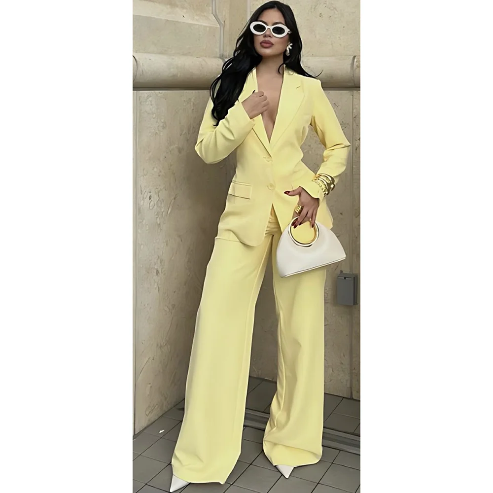 Single Breasted  V Neck Smart Casual Women 2 Pieces Suit Jacket Pants Formal Occasion Office Blazer Set