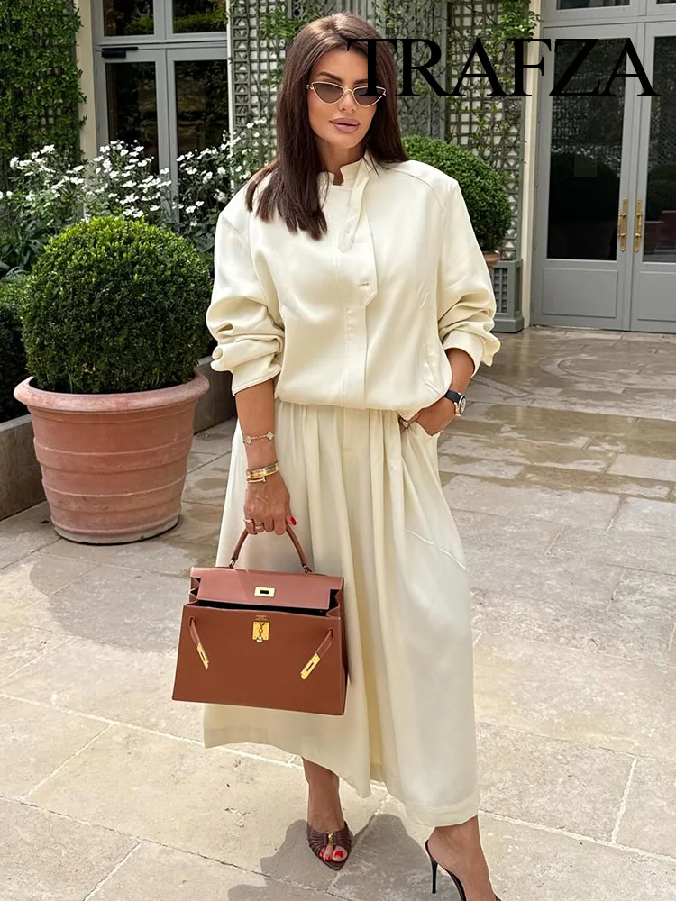 

TRAFZA Women Autumn Fashion Single-Breasted Zipper Pocket Decorate Long Sleeve Jacket+Vintage High Waist Casual Loose Pant Suit