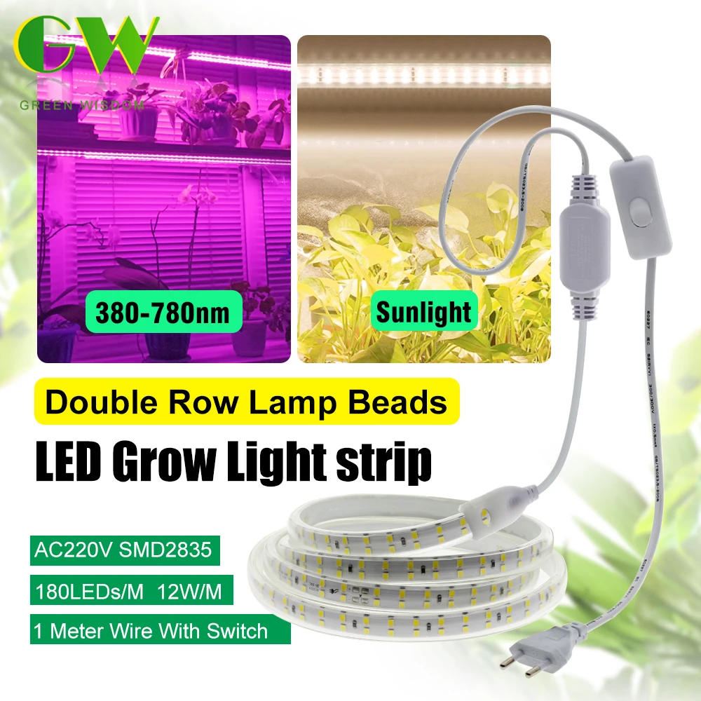 

SMD2835 220V 180LEDS/M 12W/M Double Row Lamp Beads IP67 Waterproof Full Spectrum High Brightness LED Grow Light Strip