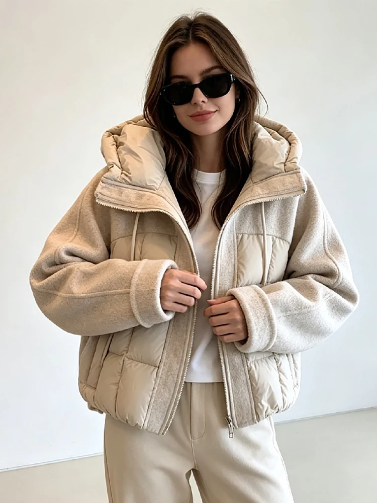 Women Mixed Fabric Spliced Puffer Jacket Hooded Drawstring Zip Up Long Sleeve Quilted Warm Cropped 2026 New Ladies Outerwear