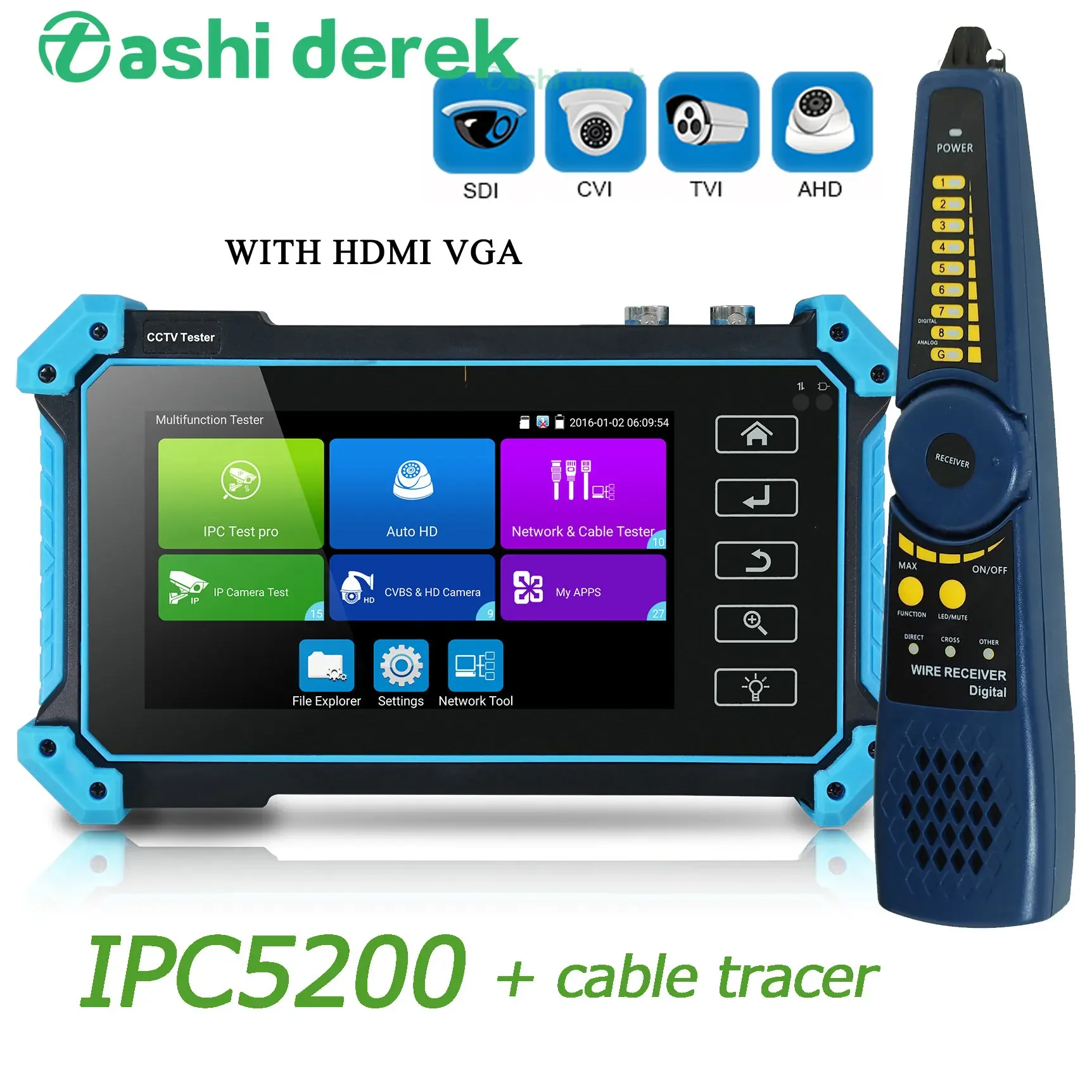 5.4 Inch IP Camera Tester Cable test 4K 8MP AHD CVI TVI SDI CVBS Analog camera test 5 IN 1 HDMI VGA Input Support POE IPC-5200