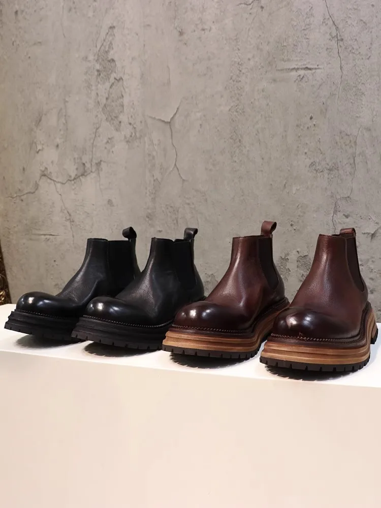 New Women Cowhide Genuine Leather Chelsea Boots Casual Slip-On Round Toe Thick Bottom High Top Shoes Vintage Female Short Boots