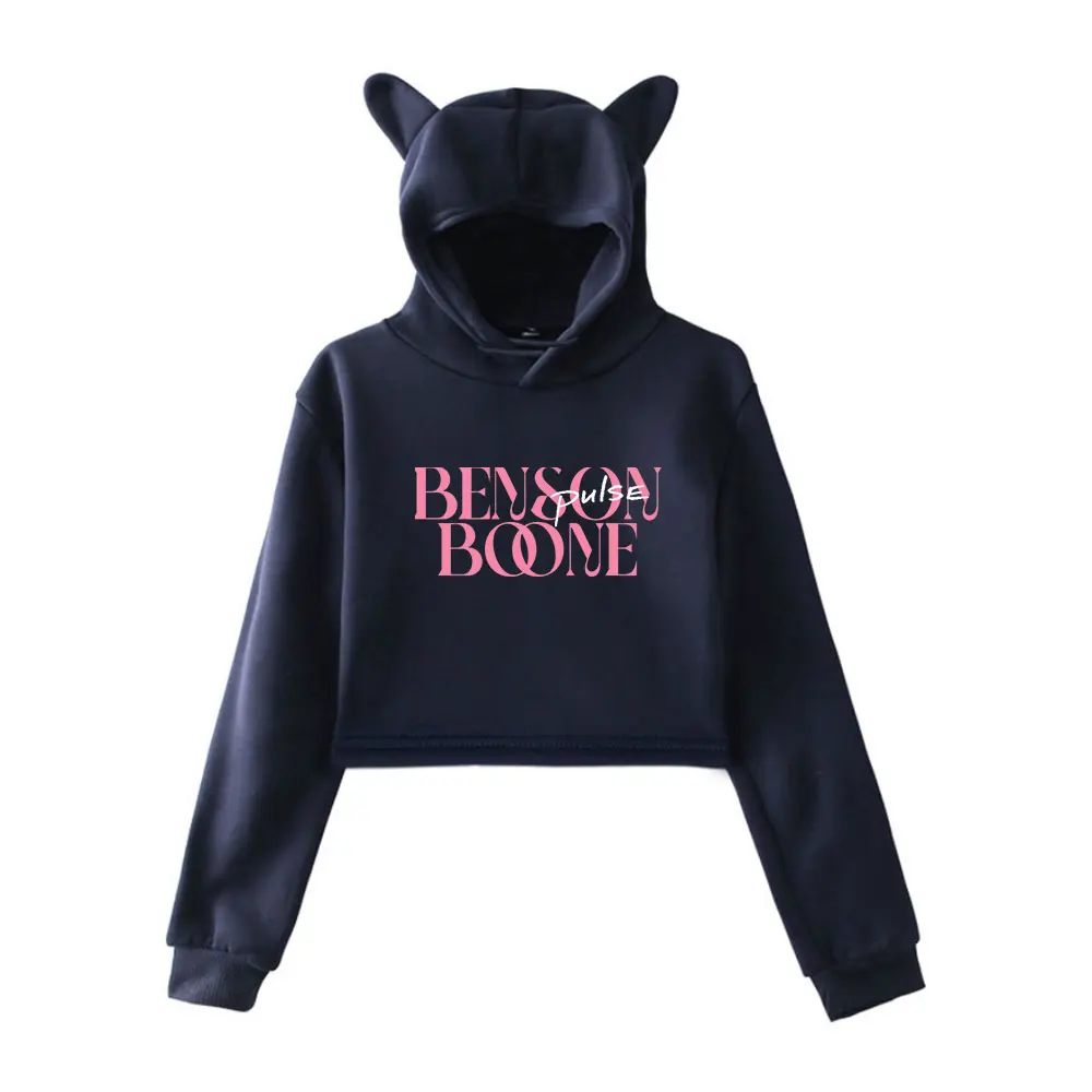 Benson Boone BB Logo Cat Ear Hoodie Women Long Sleeve Cropped Sweatshirts Female Casual Streetwear Crop Tops