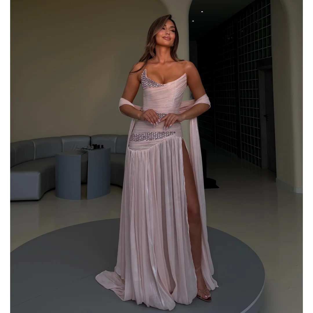 

Luxury Crystals Evening Dresses Strapless Pleated Chiffon Pale Pink Prom Dress Exquisite Party Gown Gala Vestidos Customized