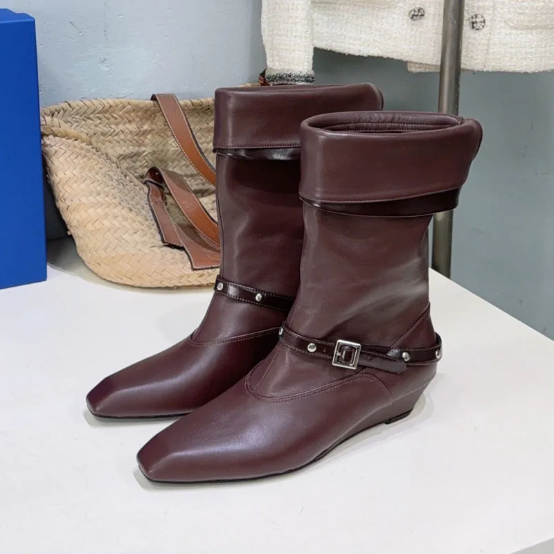 High Quality Genuine Leather Fashion Wedges Ankle Boots Woman Slouch Boots Chelsea Boots Belt-buckle Decora Shoes