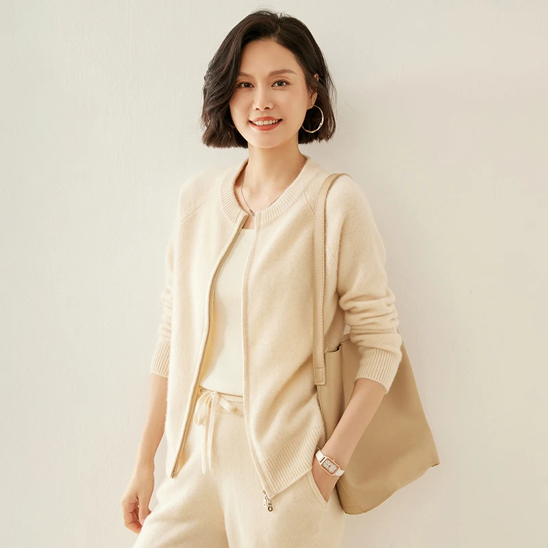 

New Women 100% Cashmere Sweaters Zipper Cardigan O-neck Long Sleeve Sweater Autumn Winter Thick Chic Goat Cashmere Knitwear Coat